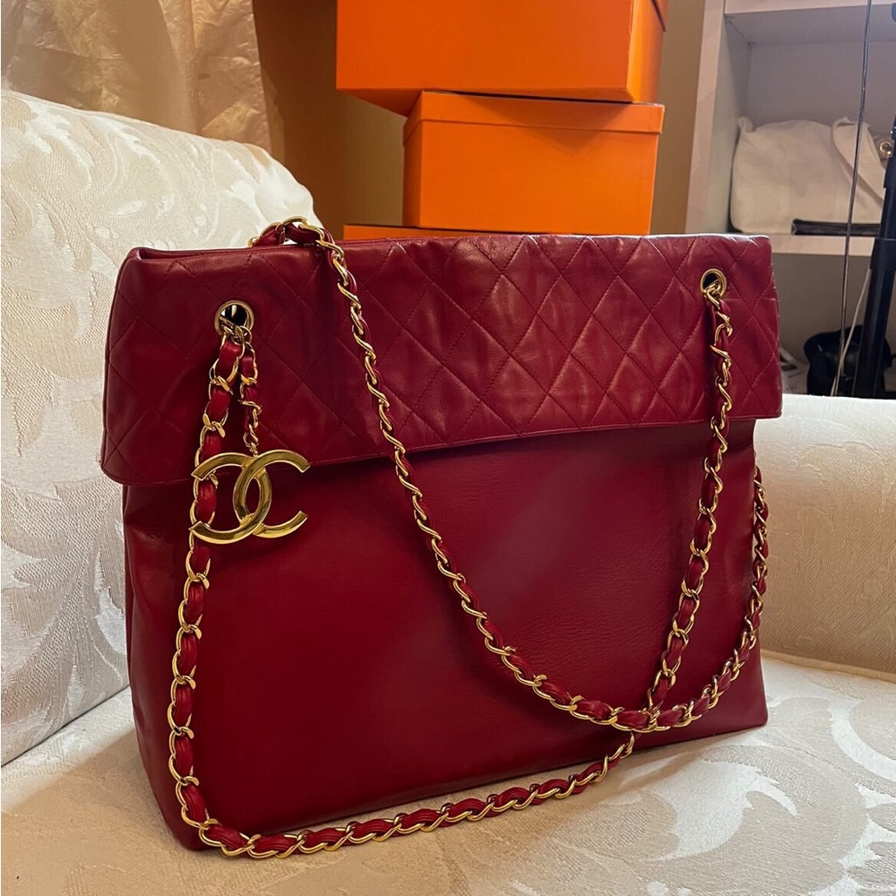 Chanel gold red vintage tote mint condition rare